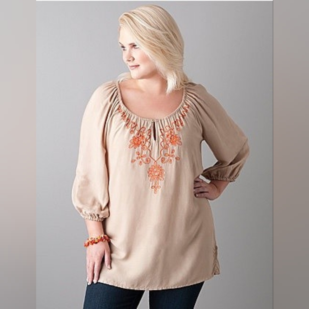 Lane Bryant Embroidered Peasant Tunic Blouse - Taupe/Orange Sz: 14/16
